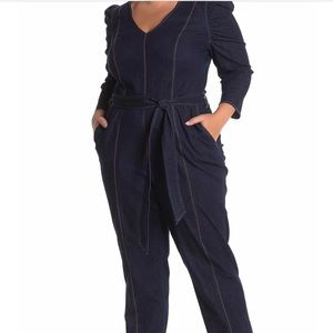 Eloguii tie waist Denim plus-size jumpsuit